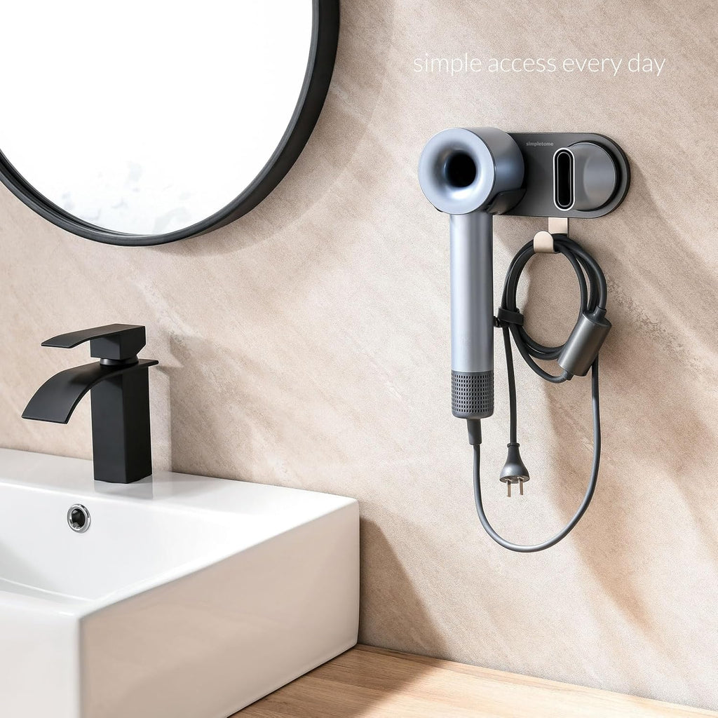 simpletome Hair Dryer Holder Wall Mount for All Magnetic High Speed Blow Dryer with Plug Cord Organizer Hook (Aluminum Alloy, White)