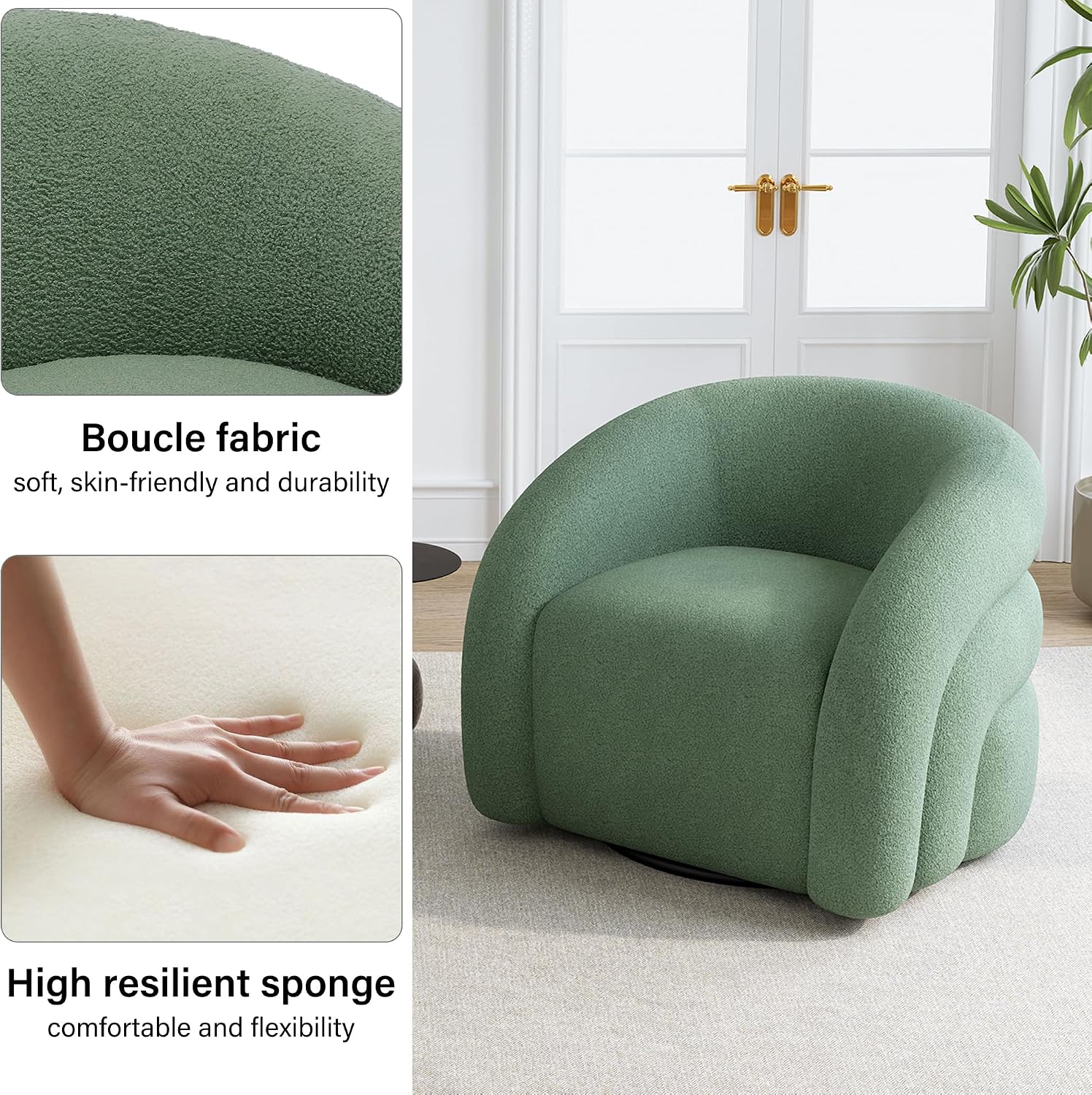 Boucle Swivel Barrel Accent Chair, No Assembly, Green, Set of 2 | Armchair Design, Boucle Fabric, Solid Wood Frame & 360° Metal Swivel Base, For Living Room, Bedroom, Reading & Waiting Room