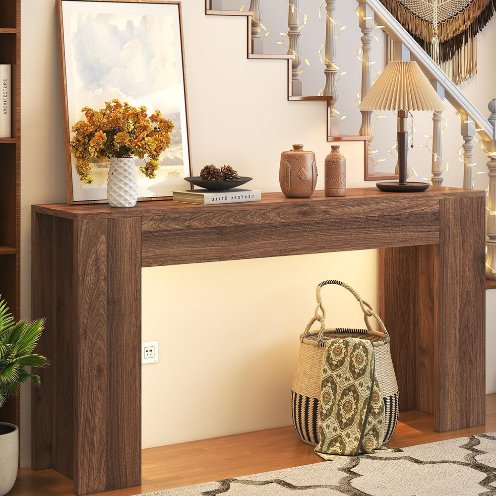knoworld 63-Inch Long Console Table with LED Light, Farmhouse Sofa Table Behi...