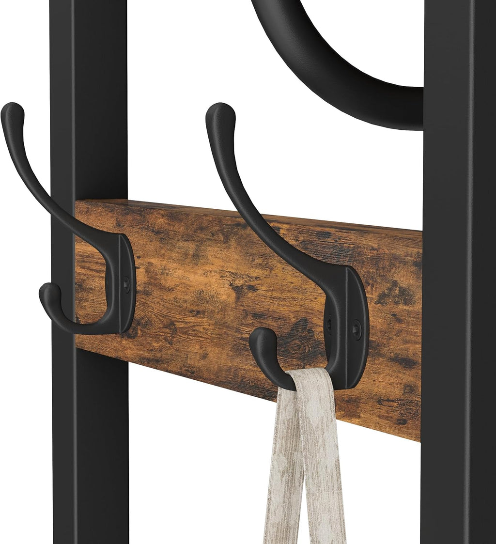 Coat Rack with Hanging Rod, Garment Rack with 3 Wooden Shelves and 4 Hooks, Freestanding Hall Tree, Industrial Clothes Rack Stand Organizer, Rustic Brown and Black