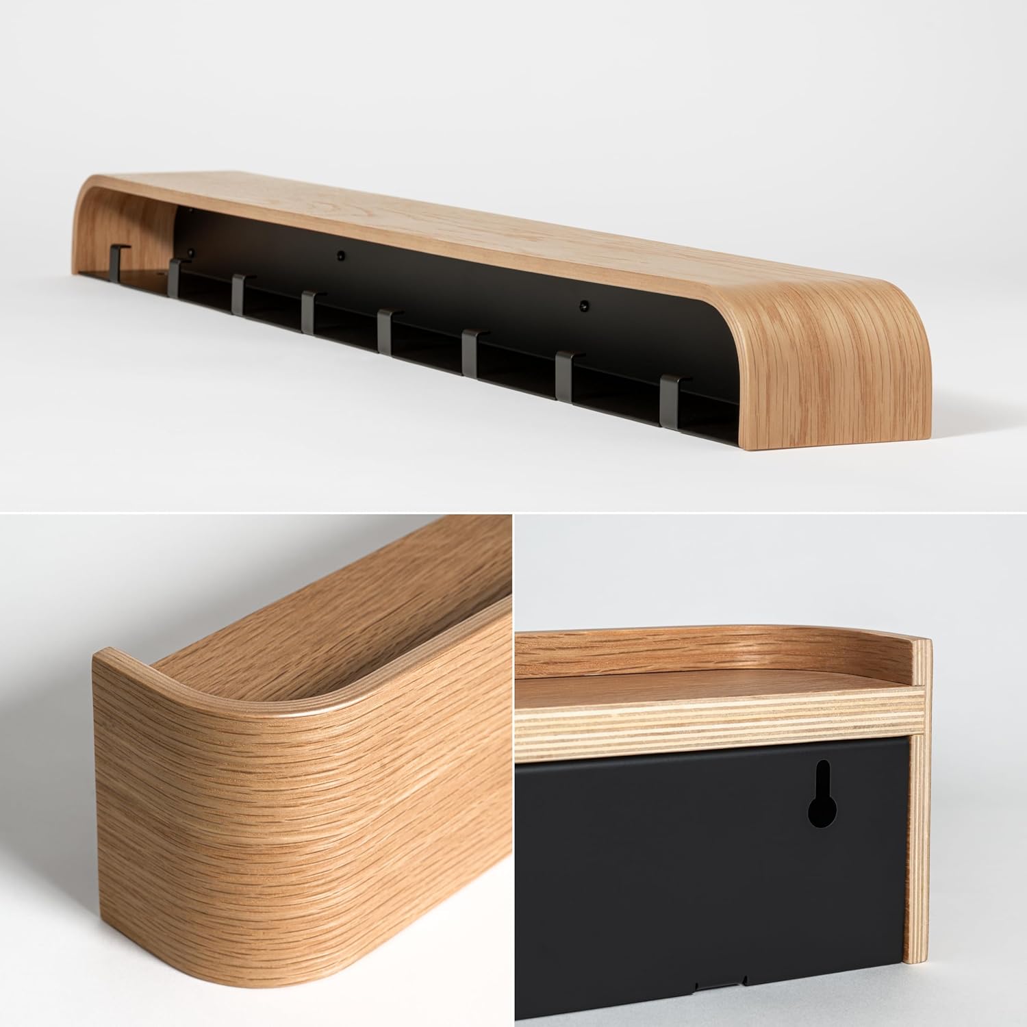 Kazai. Wall-Mounted Coat Rack 'Toke' - Modern Design Coat Rack with Hidden Wall Hooks - Solid Wood Veneer Panel Coat Hanger - Oak