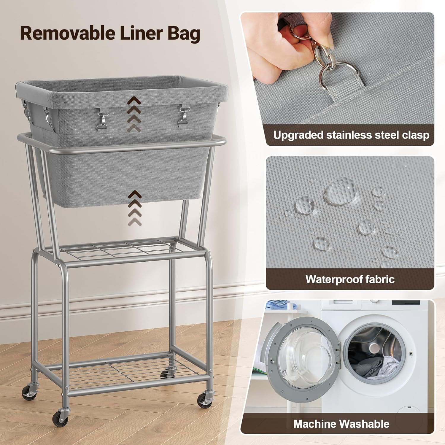 ELYKEN Laundry Cart with Wheels, Rolling Laundry Hamper with Removable Bag and Shelf, Metal Frame Laundry Basket with 4 Casters and 2 Brakes, Ideal for Bedroom, Bathroom, Laundry Room, Gray