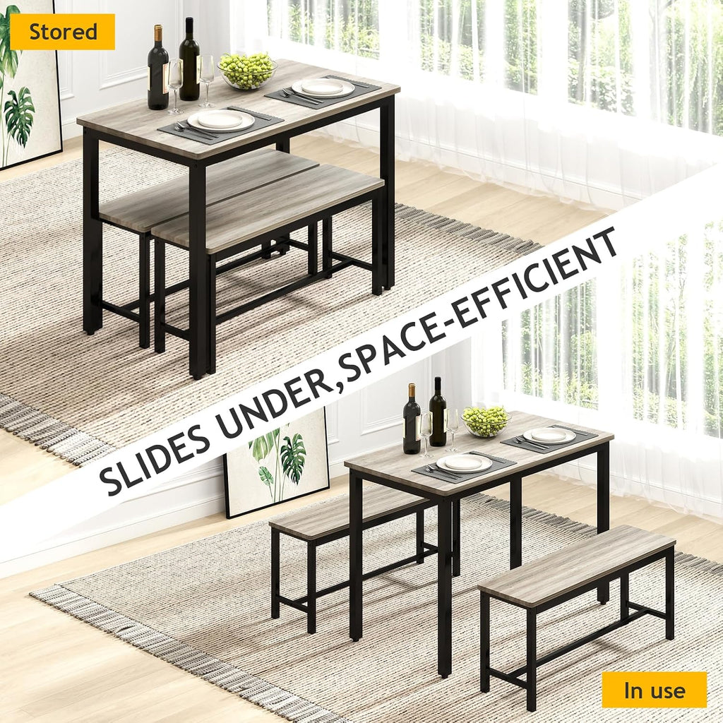 Rovibek 43" Dining Table Benches Set for 4, Modern Space Saving Kitchen Table Chairs & Adjustable Feet Breakfast Table 2 Benches, Wooden Industrial Style Farmhouse, Light Grey