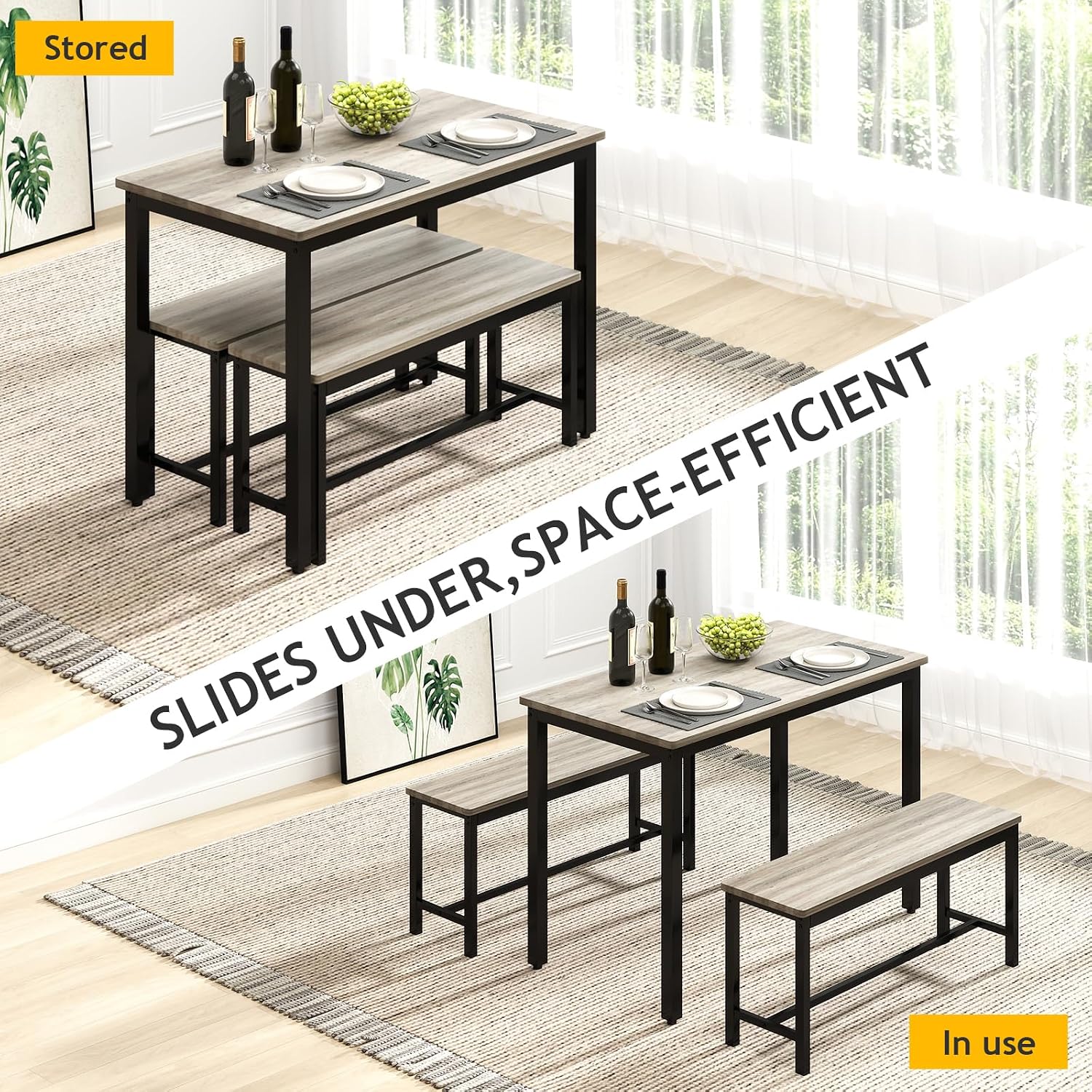 Rovibek 43" Dining Table Benches Set for 4, Modern Space Saving Kitchen Table Chairs & Adjustable Feet Breakfast Table 2 Benches, Wooden Industrial Style Farmhouse, Light Grey