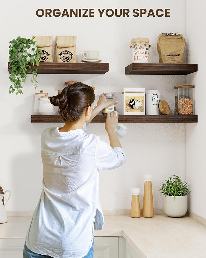 Marsmiles 31.5" Floating Shelves for Wall, Wooden Shelves with Invisible Brackets Set of 2, Rustic Farmhouse Wall Mounted Shelf for Kitchen Bathroom Living Room Study, Walnut