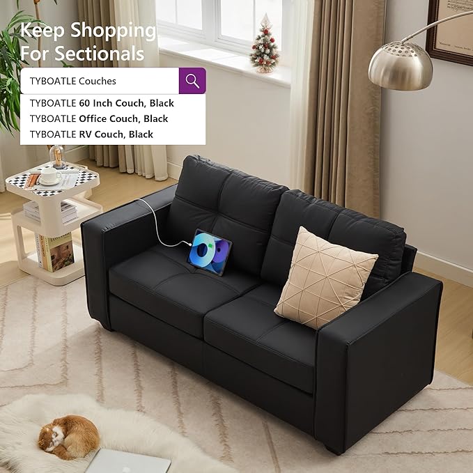 TYBOATLE 65" Faux Leather Loveseat for Living Room, Comfy Mid-Century Modern Tufted Black Loveseat w/USB Charging Ports and Wide Arms, 2 Seater Office Small Couch for Small Space Bedroom