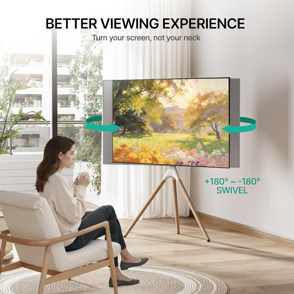 Artistic Easel TV Stand for 43-65 Inch TVs, 180° Swivel Tripod TV Stand up to 88 lbs, Floor TV Mount with Cable Management for Bedroom, Living Room and Corner, Max VESA 600x400mm, White