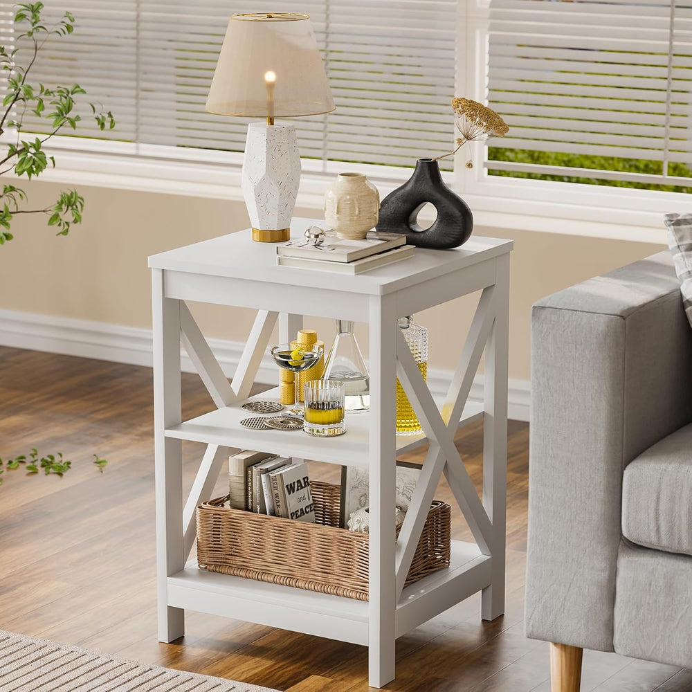 SEJOV Side Table for Living Room, White End Table with 3-Tier Storage Shelves...