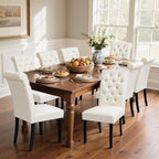 CHUN YI Dining Chairs Set of 8, Button Tufted Upholstered Fabric Dining Room Chairs with Solid Wood Legs and Curved Back, Parsons Side Chairs for Kitchen, Ivory White