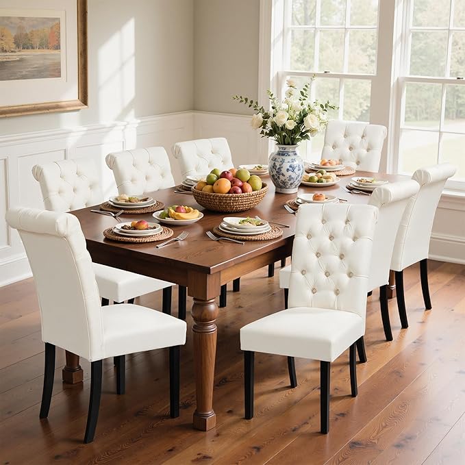 CHUN YI Dining Chairs Set of 8, Button Tufted Upholstered Fabric Dining Room Chairs with Solid Wood Legs and Curved Back, Parsons Side Chairs for Kitchen, Ivory White