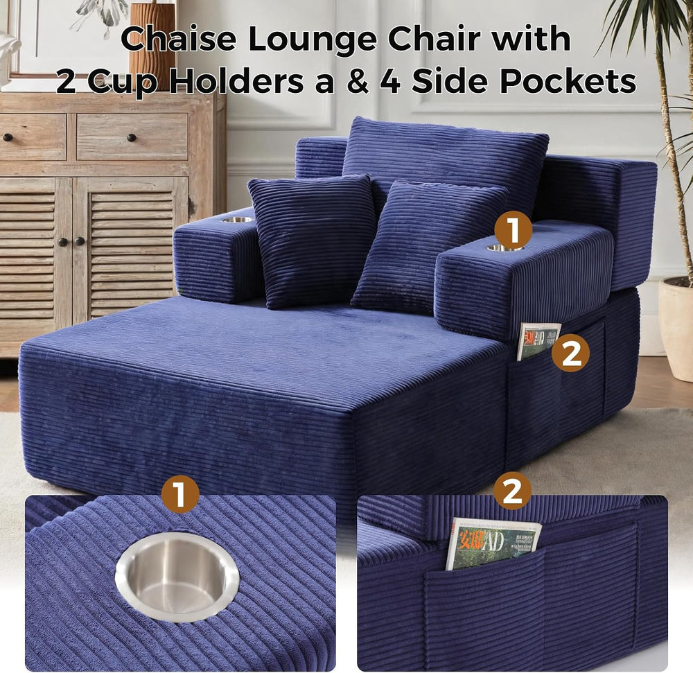 70"Chaise Lounge Chair, Oversized Chair & 2 Cup Holder 4 Pockets | O...