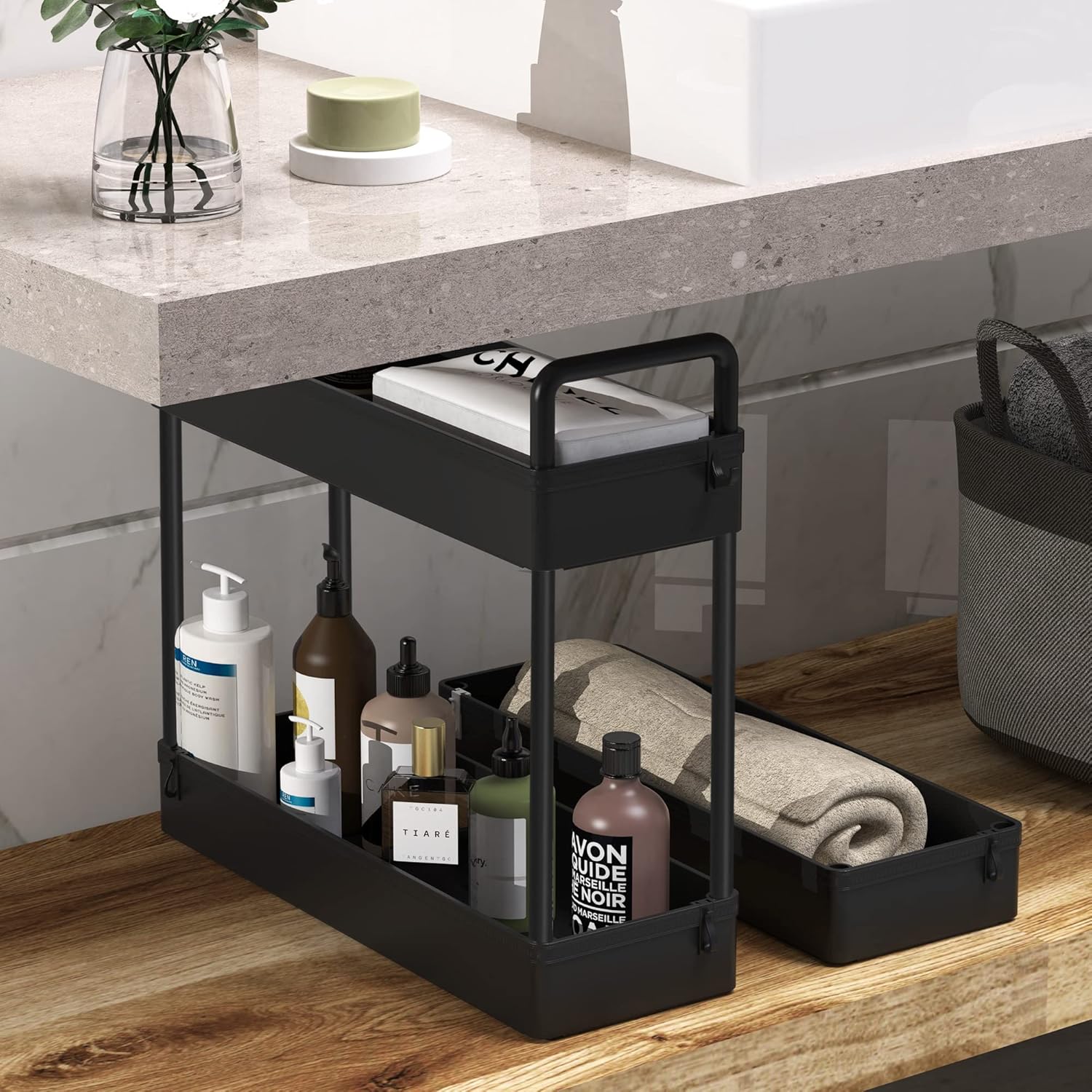 SOLEJAZZ Slim Rolling Storage Cart with Wheels 3 Tier Skinny Bathroom Storage Organizer Thin Laundry Room Utility Cart Space-Saving for Bedside Kitchen Office Small Narrow Places, Black