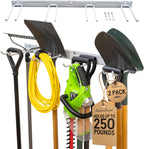 StoreYourBoard Wall-Mounted Rack With 4 Garage Hooks – Heavy-Duty Steel Holder Garage & Garden Storage for Shed, Workshop, or Home Organization – For Rakes, Shovels, Tools & More – 2 Pack, Gray