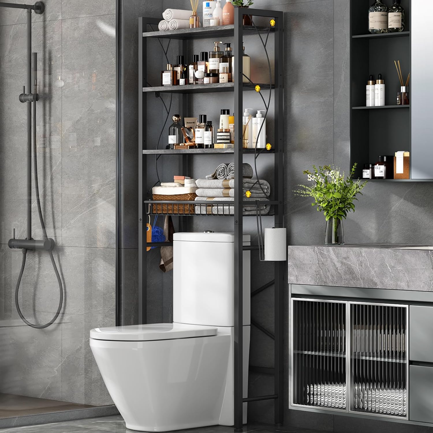 Over-The-Toilet Storage Rack, 4-Tier Bathroom Organizer Shelf Over Toilet with Adjustable Shelf and Basket, Freestanding Space Saver Bathroom Shelves Above Toilet for Room (Oak Gray)