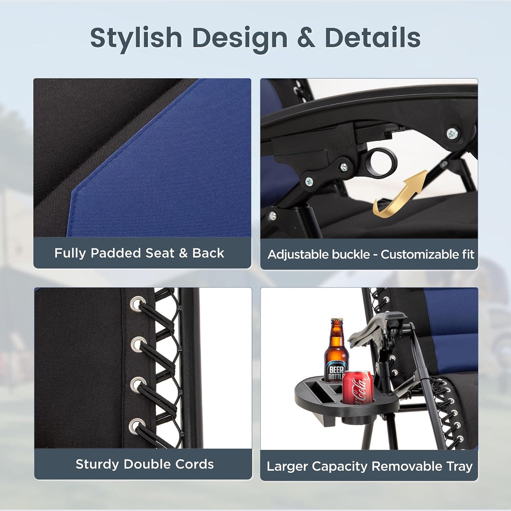 PHI VILLA Zero Gravity Chair Set of 2, Padded Anti Gravity Recliner, Oversized 28" Wide Seat, Foldable Patio Lounger with Armrest & Cup Holder, Supports 400 LBS (Blue Black)