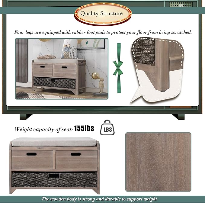 Merax Modern Wood Storage Bench with 2 Drawers and 1 Rattan Baskets for Living Room Bed Room Entryway Natural