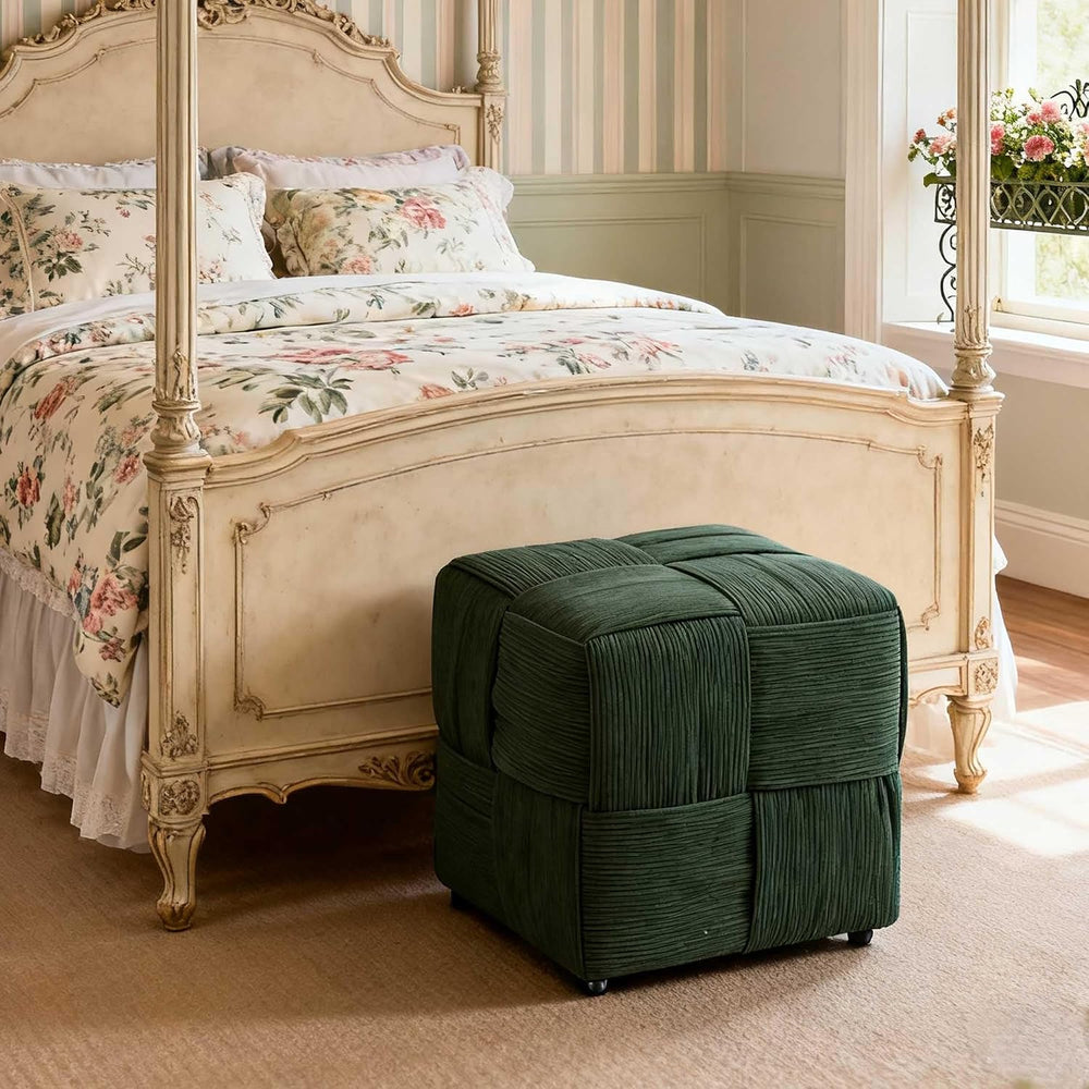 Green Cube Ottoman, Foot Rests Pouf Soft and Comfortable Corduroy Woven Desig...