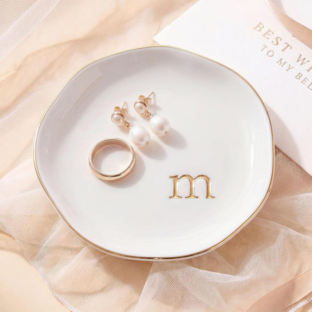 Ceramic Jewelry Tray, Personalized Initial Jewelry Dish for Rings Earrings Necklaces Bracelets, White Letter M Initial Ring Dish for Vanity, Birthday Mother's Day Christmas Gift for Women, 4.5 Inch