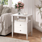 White Nightstand, Vintage Night Stand with Charging Station, Modern Bedside Table with Drawers, End Table with Solid Wood Legs, Bed Side Tables for Bedroom, White