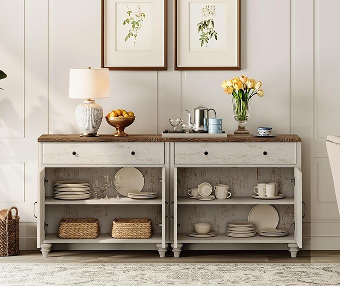 WAMPAT TV Stand with Bookshelves for TVs up to 75", Farmhouse Wall Unit Entertainment Center with Doors & Drawer, Media Console Table for Living Room & Bedroom & Home Theater, Rustic White
