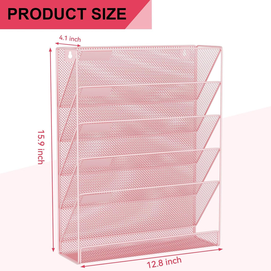 Wall File Organizer Holder Mesh Hanging Paper Document Holder, Vertical 6 Pocket Tier for Office Home, Light Pink
