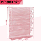 Wall File Organizer Holder Mesh Hanging Paper Document Holder, Vertical 6 Pocket Tier for Office Home, Light Pink