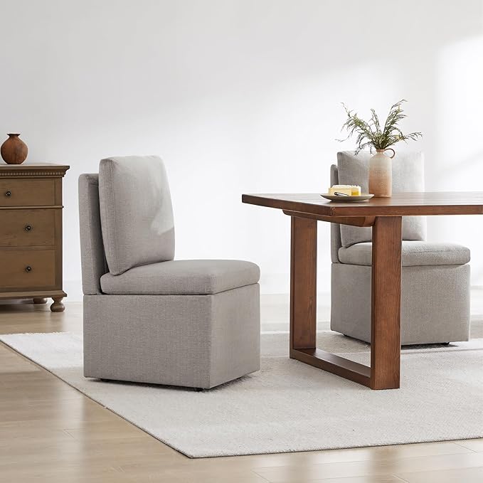 Upholstered Dining Chairs with Casters, Modern Dining Room Chairs Set of 4 with Hidden Storage & 4 Wheels, Single Sofa Chair for Kitchen, Reading Room, Waiting Room, Khaki (2 Box)