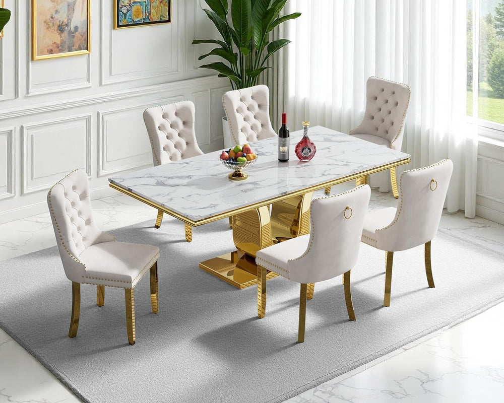 7-Piece Dining Table Set with 6 Beige Upholstered Chairs, 68" White Gold...