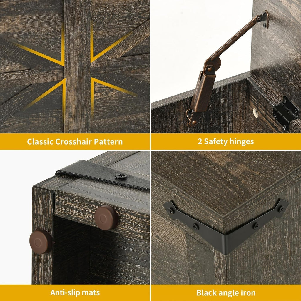 DWVO Wooden Storage Bench, Farmhouse Storage Chest with Safety Hinges, Entryway Shoe Organizer, Multi-Use Storage for Living Room/Bedroom, 47.2" L, Dark Rustic Oak | 2 slow-close safety hinges, large hidden storage, multi-use for entryway bedroom living