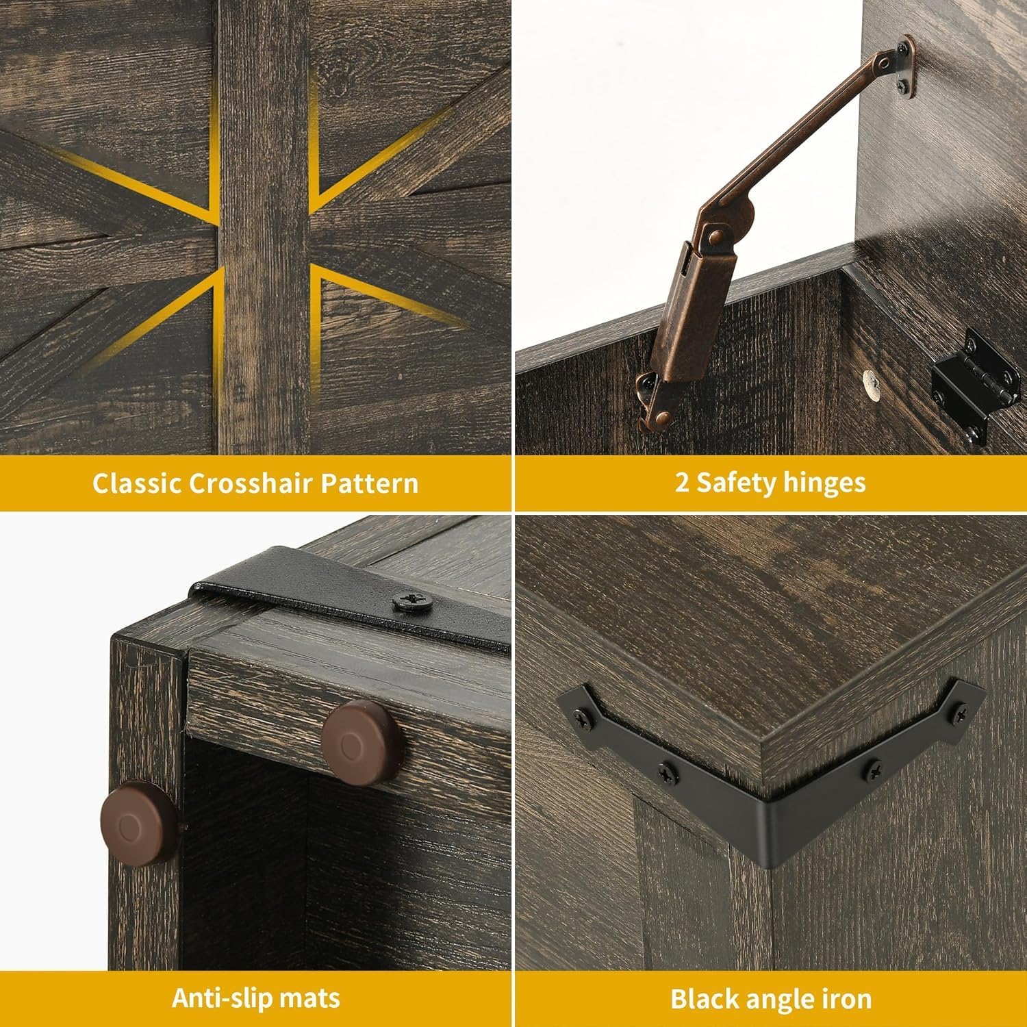 DWVO Wooden Storage Bench, Farmhouse Storage Chest with Safety Hinges, Entryway Shoe Organizer, Multi-Use Storage for Living Room/Bedroom, 47.2" L, Dark Rustic Oak | 2 slow-close safety hinges, large hidden storage, multi-use for entryway bedroom living