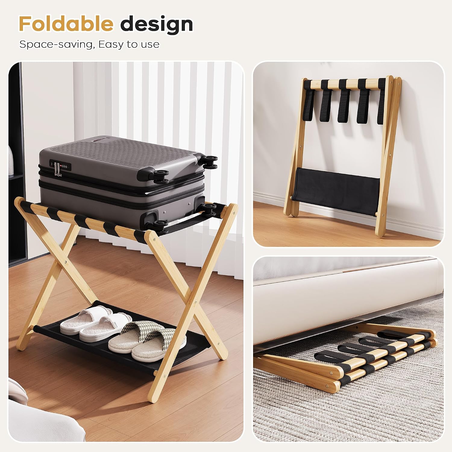 26.77" Full Assembled Luggage Rack for Guest Room, Set of 2 Bamboo Foldable Suitcase Stand, Bedroom & Hotel, Folding Luggage Holder with 5 Nylon Straps, 600D Oxford Fabric Shelf Natural Wood