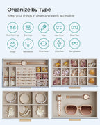 SONGMICS Jewelry Box Organizer with Glass Lid, 4-Layer Jewelry Storage, with 3 Drawers, Modern Style, Christmas Gift, 6 x 9.9 x 8.5 Inches, Smoky Blue and Gold Color UJBC161Q01
