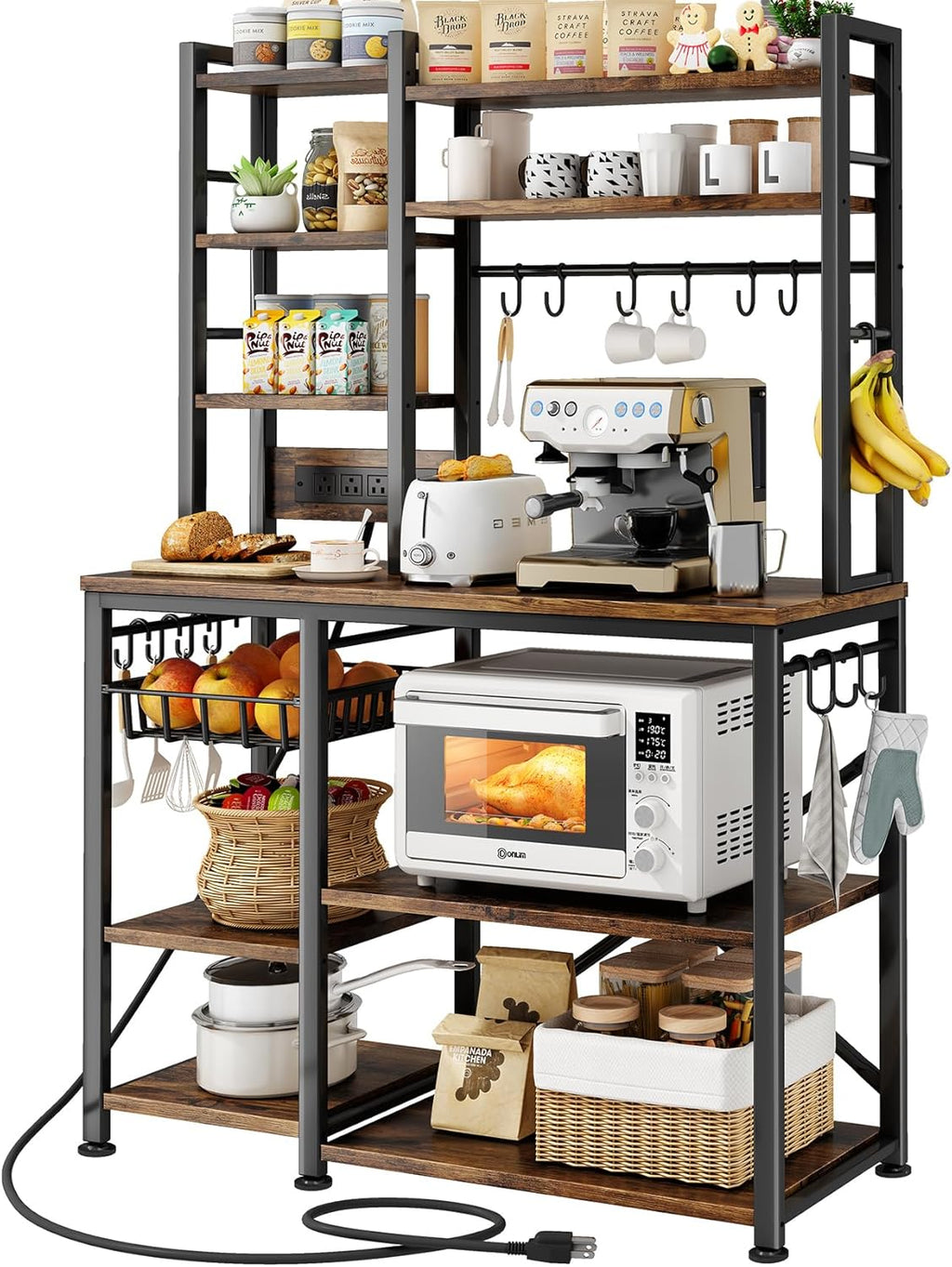 SNTD Baker Rack with Power Outlet - Microwave Stand with Storage, Large Coffee Bar Station with 14 Hooks, Metal Kitchen Shelf Rack for Spices, Pots (Rustic Brown) | with Power Outlet