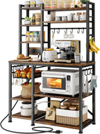 SNTD Baker Rack with Power Outlet - Microwave Stand with Storage, Large Coffee Bar Station with 14 Hooks, Metal Kitchen Shelf Rack for Spices, Pots (Rustic Brown) | with Power Outlet