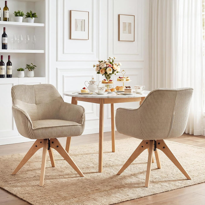 Furniliving Swivel Dining Chairs Set of 2, Mid Century Modern Corduroy Swivel Accent Chair with Solid Wood Frame and Thicken Cushion, Upholstered Kitchen Chair for Dining Room, Living Room, Camel