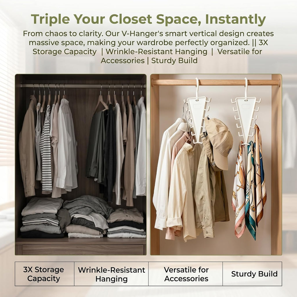 V-Shape 12-Hook Rotating Hanger, 360° Space Saving Closet Organizer, Multi-Functional Wardrobe Storage Rack for Clothes, Hats, Scarves, Ties - Durable ABS Home & Dorm Essentials (White, 2-Pack)