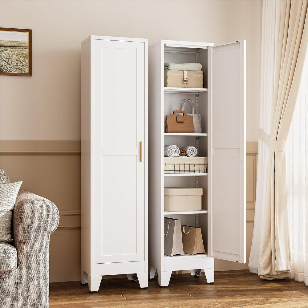 YAUWOH White Narrow Metal Storage Cabinet, Tall Freestanding Cabinet with 4 A...