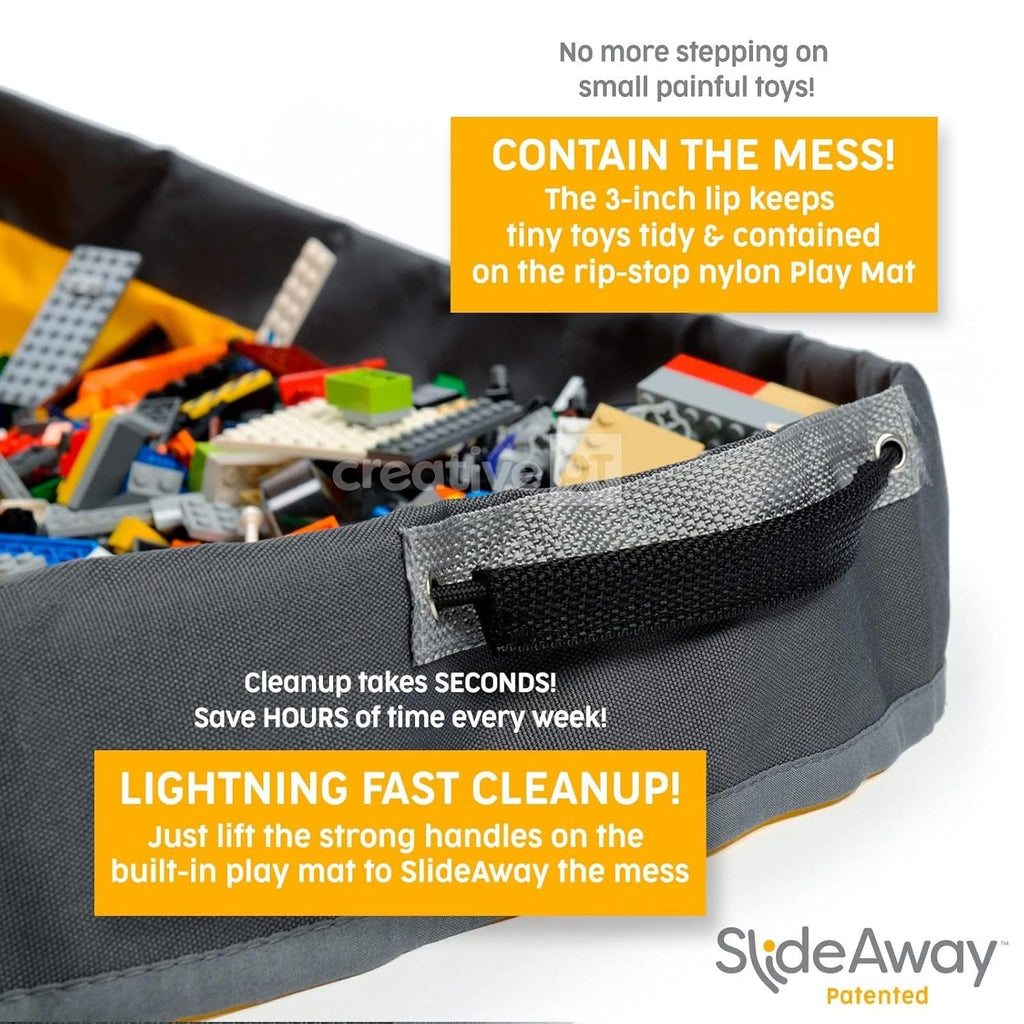 Creative QT SlideAway Toy Storage Organizer & Extra Large 52" Play Mat, Collapsible Storage Bins for Building Bricks, Small Blocks, Toys, Drawstring Cleanup for Kids Playroom & Classroom, Grey Stripes