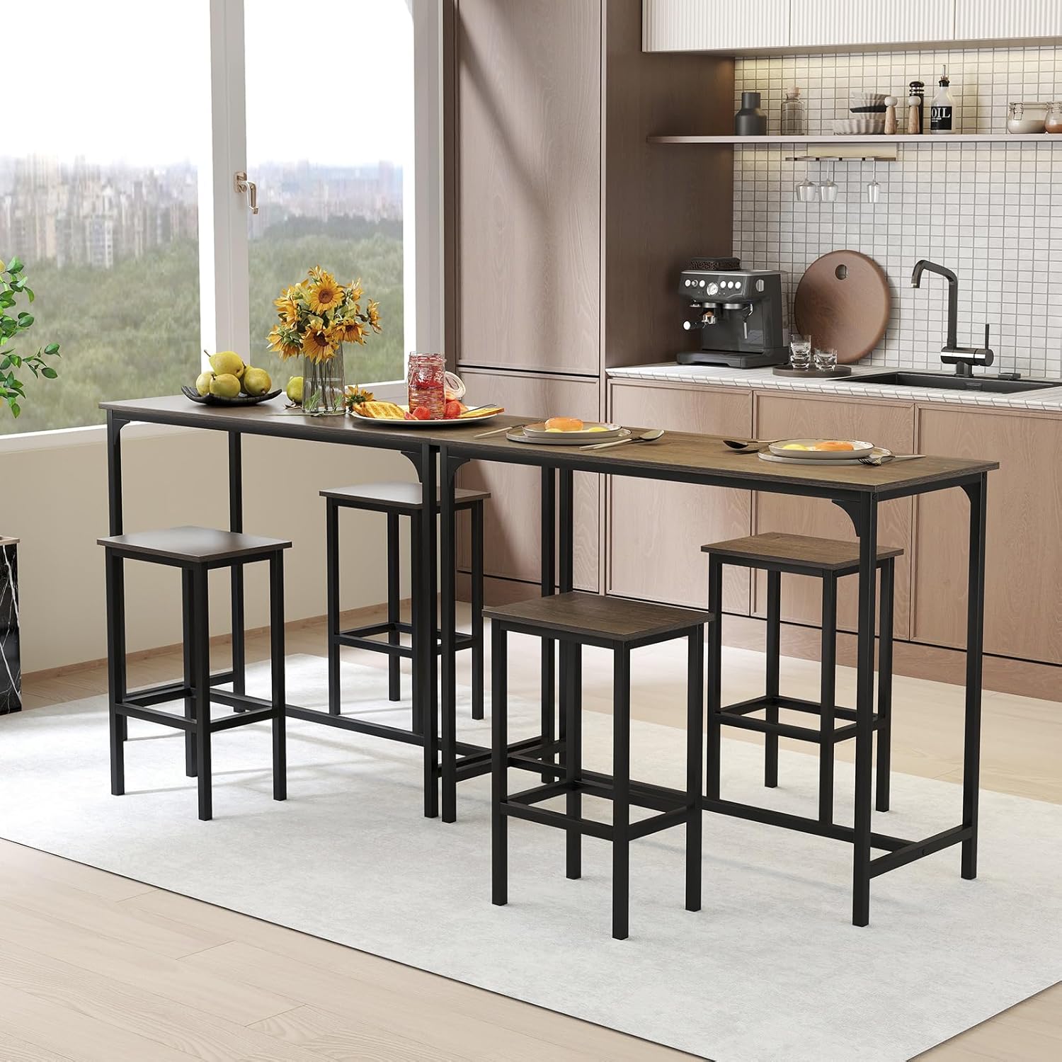 COSTWAY 3-Piece Dining Table Set, 47.5" Industrial Counter-Height Kitchen Table and 2 Bar Stools, High Top Rectangular Pub Table and Chairs for Dining Room Small Place Breakfast Nook Bistro (Grey) | w/ 2 Bar Stools, High Top Rectangular Pub Table and