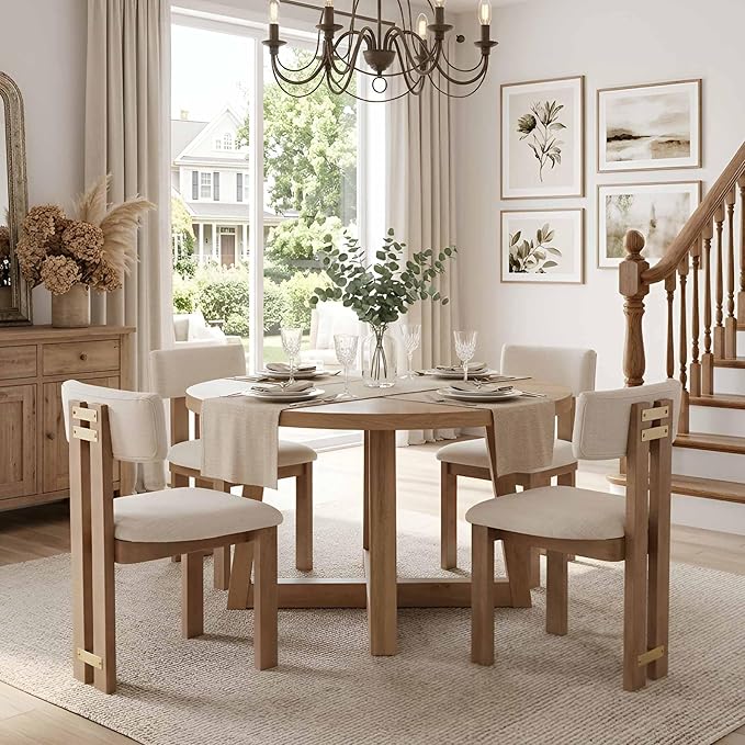 HNY Modern Farmhouse Linen Dining Chairs Set of 4, Beige Fabric Upholstered Dining Room Kitchen Chairs with Natural Wood Frame & Curved-Back, Armless Accent Wood Chairs for Dining Room Living Room