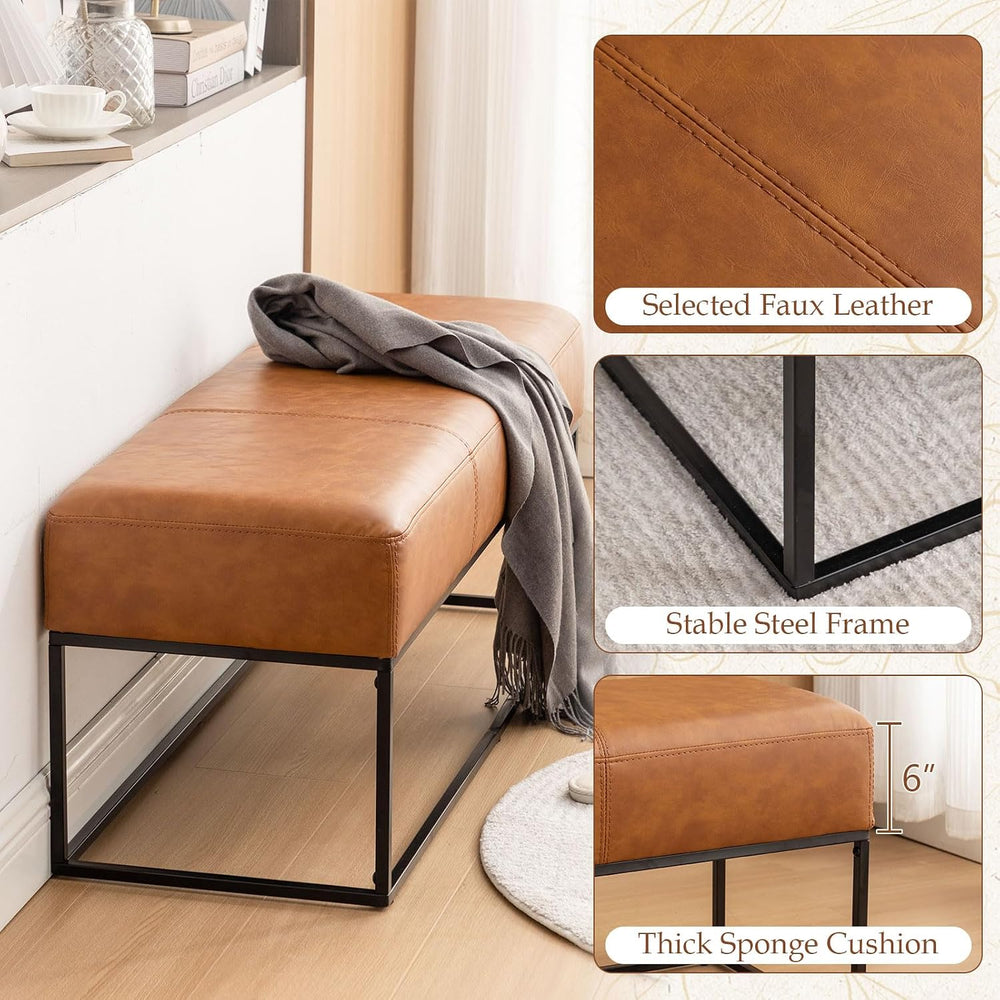 Entryway Bench for Bedroom End of Bed, Modern Ottoman with Faux Leather Uphol...