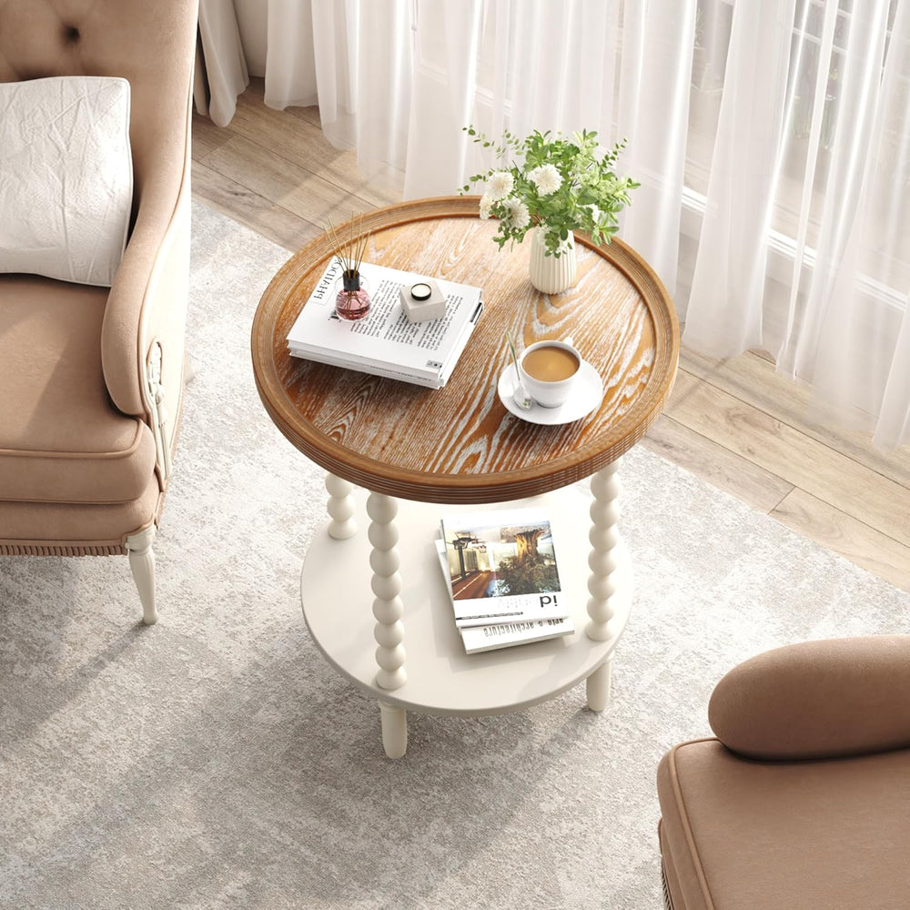 Function Home Round End Table, Farmhouse Side Table with Storage Shelf, 2 Tie...