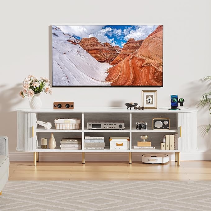 DHH 70.8 Inch Mid Century Modern TV Stand with Power Outlet for TVs up to 80 Inch, Entertainment Center with Storage and Adjustable Shelves, Media Console with Sliding Doors for Living Room(White)