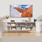 DHH 70.8 Inch Mid Century Modern TV Stand with Power Outlet for TVs up to 80 Inch, Entertainment Center with Storage and Adjustable Shelves, Media Console with Sliding Doors for Living Room(White)