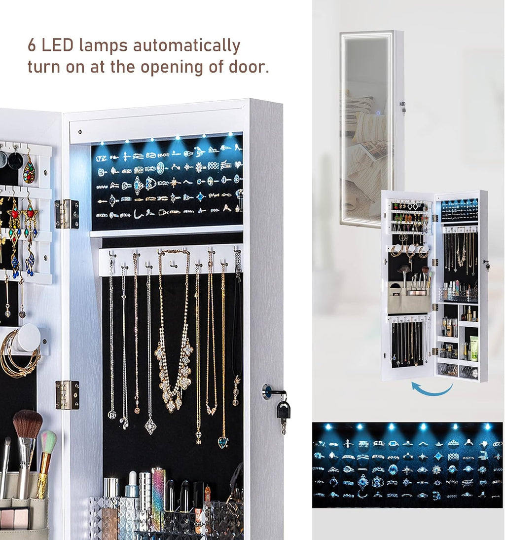 Tektalk Jewelry Cabinet with 3 Groove Mirror Lamps, Full Length Mirror, Wall/Door Mounted Jewelry Armoire Organizer with 3 Color Outside LED Lights & Interior 6 LEDs Light - White