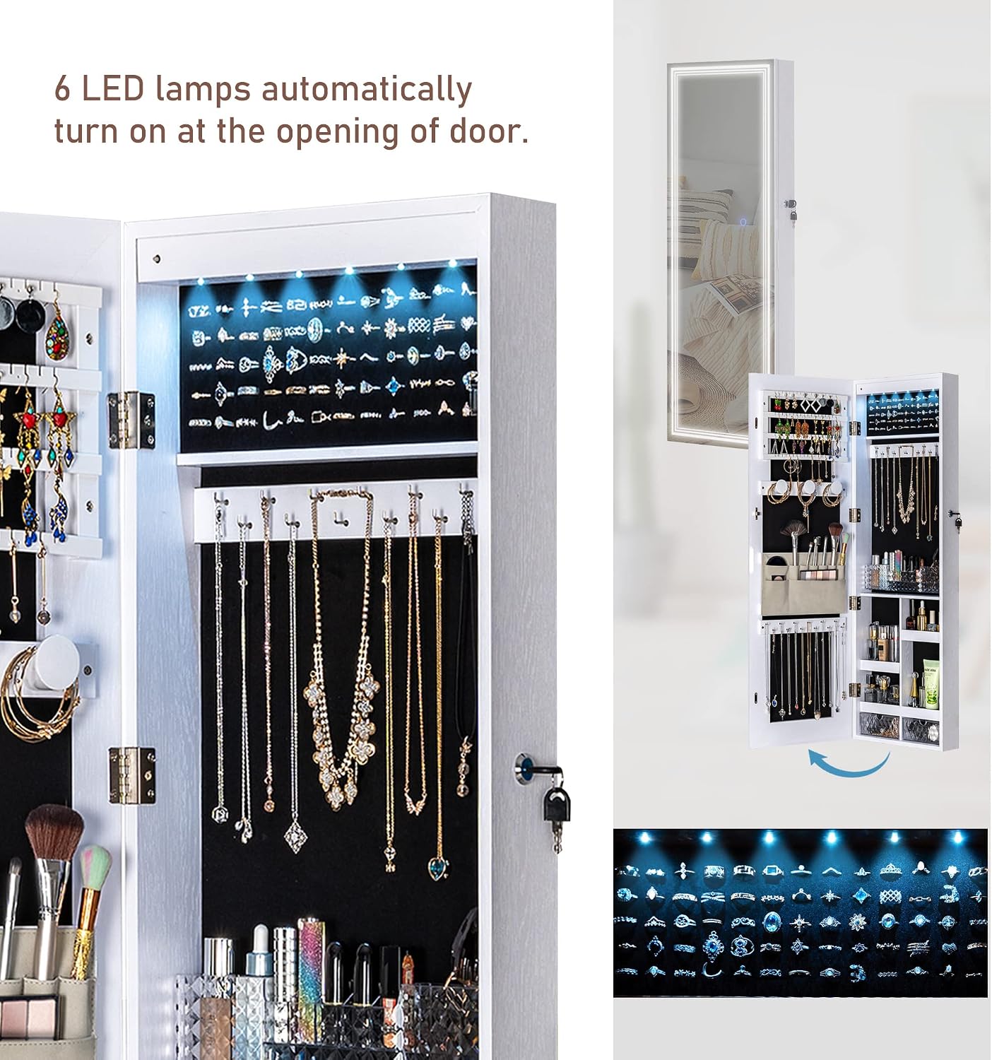Tektalk Jewelry Cabinet with 3 Groove Mirror Lamps, Full Length Mirror, Wall/Door Mounted Jewelry Armoire Organizer with 3 Color Outside LED Lights & Interior 6 LEDs Light - White