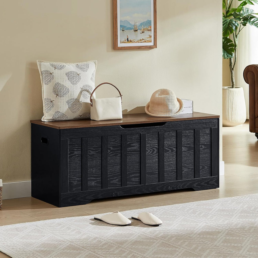VANKILEY 47.2“Storage Chest Extra Large,Wooden Storage Bench,Black+Brown | Storage trunk with 2 Safety Hinges,47.2x15.7x19.1Inch,Shoe bench,Storage Bench for Bedroom,Living Room,Entryway,Easy Assembly