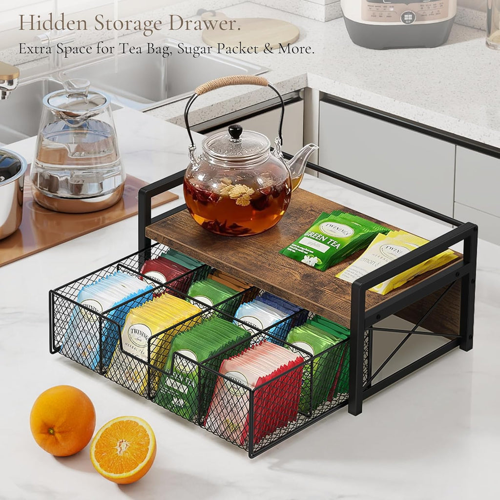 Tea Bag Organizer with Drawer, Tea Caddy for Countertop, Rustic | Wooden Tea Station Organizer with Drawer, Teabag Holder, Tea Organizers and Storage for Tea Bags, Sugar Packets, Accessories