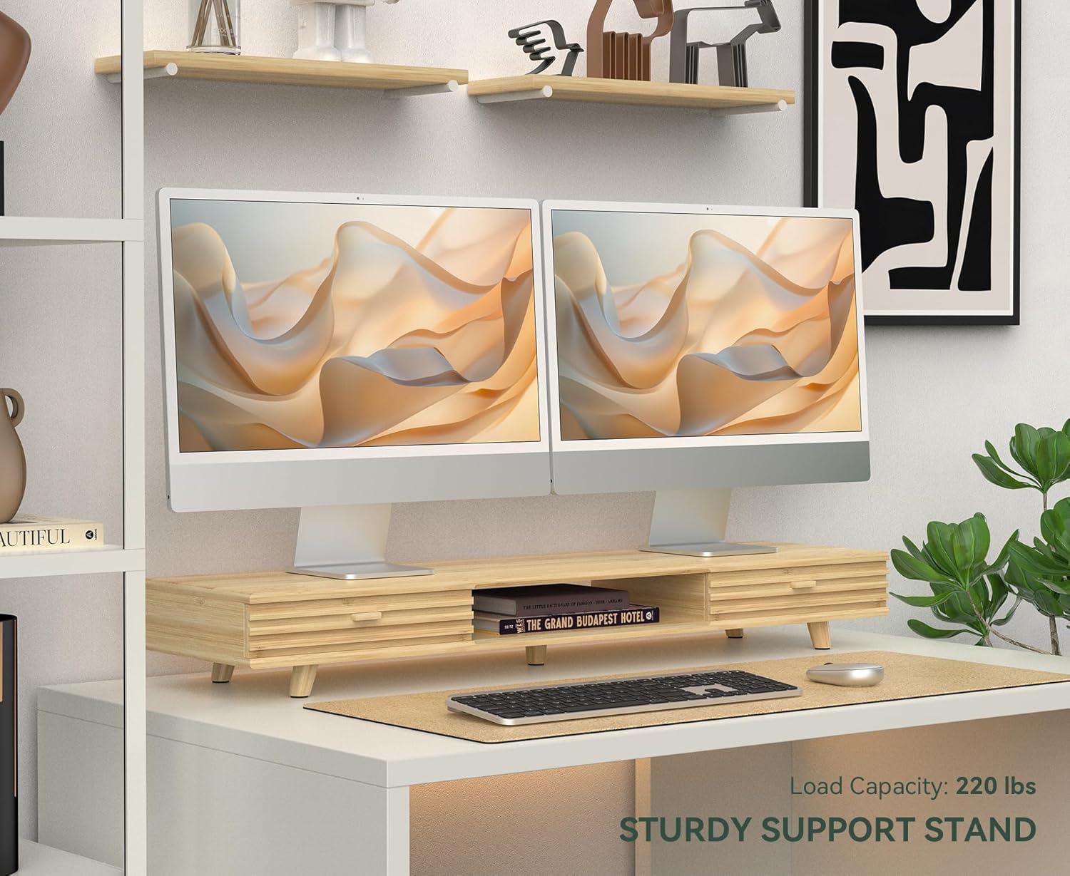 Bamboo Monitor Stand with Drawer - Desk Organizer with Cable Management & Storage, Ergonomic Laptop Riser for Home Office (220lbs Capacity, 39 inch ,Natural)