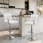 Yaheetech Bar Stools Set of 2, PU Leather Adjustable Swivel Barstools, Hydraulic Kitchen Counter Height Bar Chairs with Armrest and Back for Bar, Kitchen, Dining Room, White